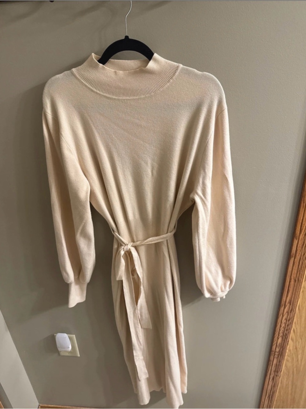 Amazon Cream Long Sleeve Knit Belted Dress